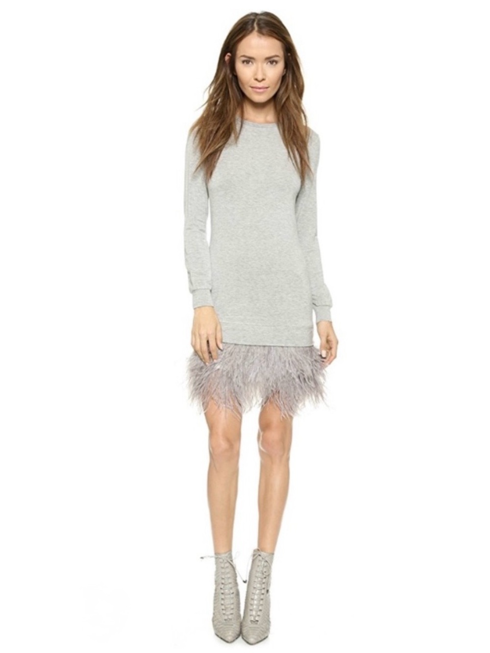 Haute Hippie Gray Long Sleeve Crewneck Sweatshirt Ostrich Feather Hem Dress